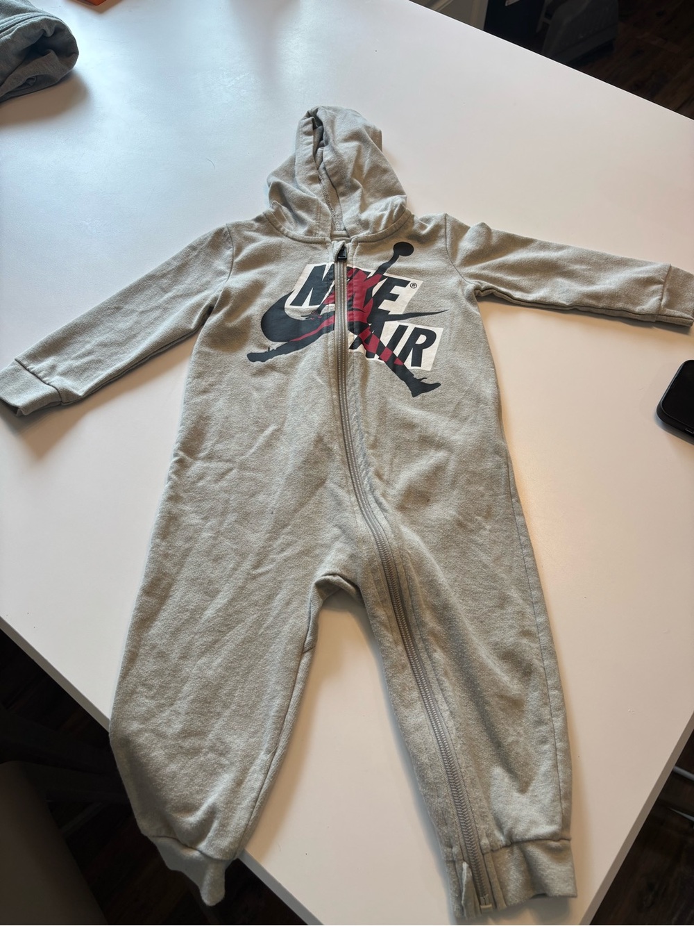 Jordan Kids Gray Hooded One-Piece Footie with Black and Red Logo
